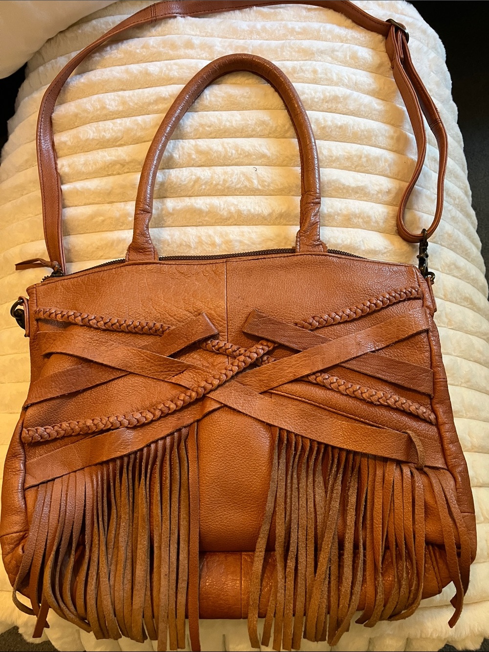 Fringed Woven Accent Shoulder Bag in Tan